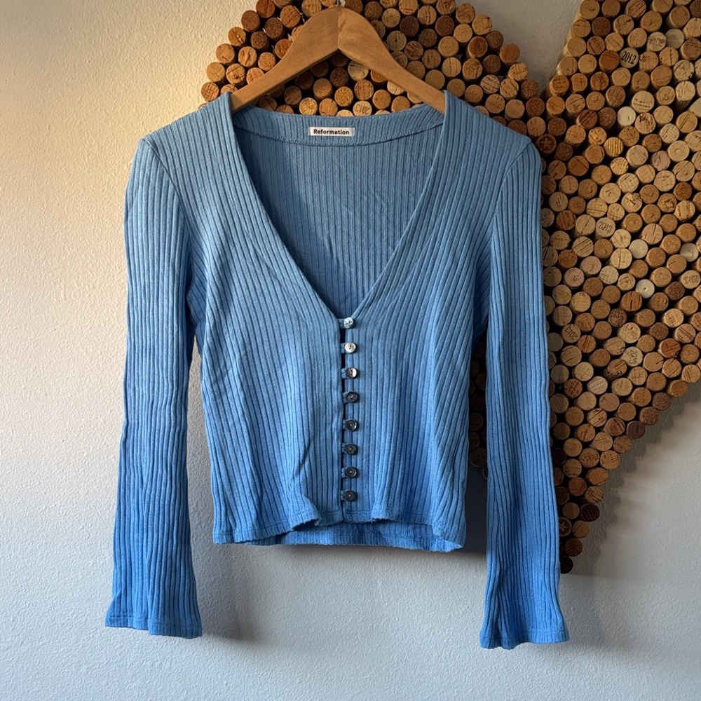 Reformation Blue Ribbed Button-Front V-Neck Sweater - Picture 2 of 9